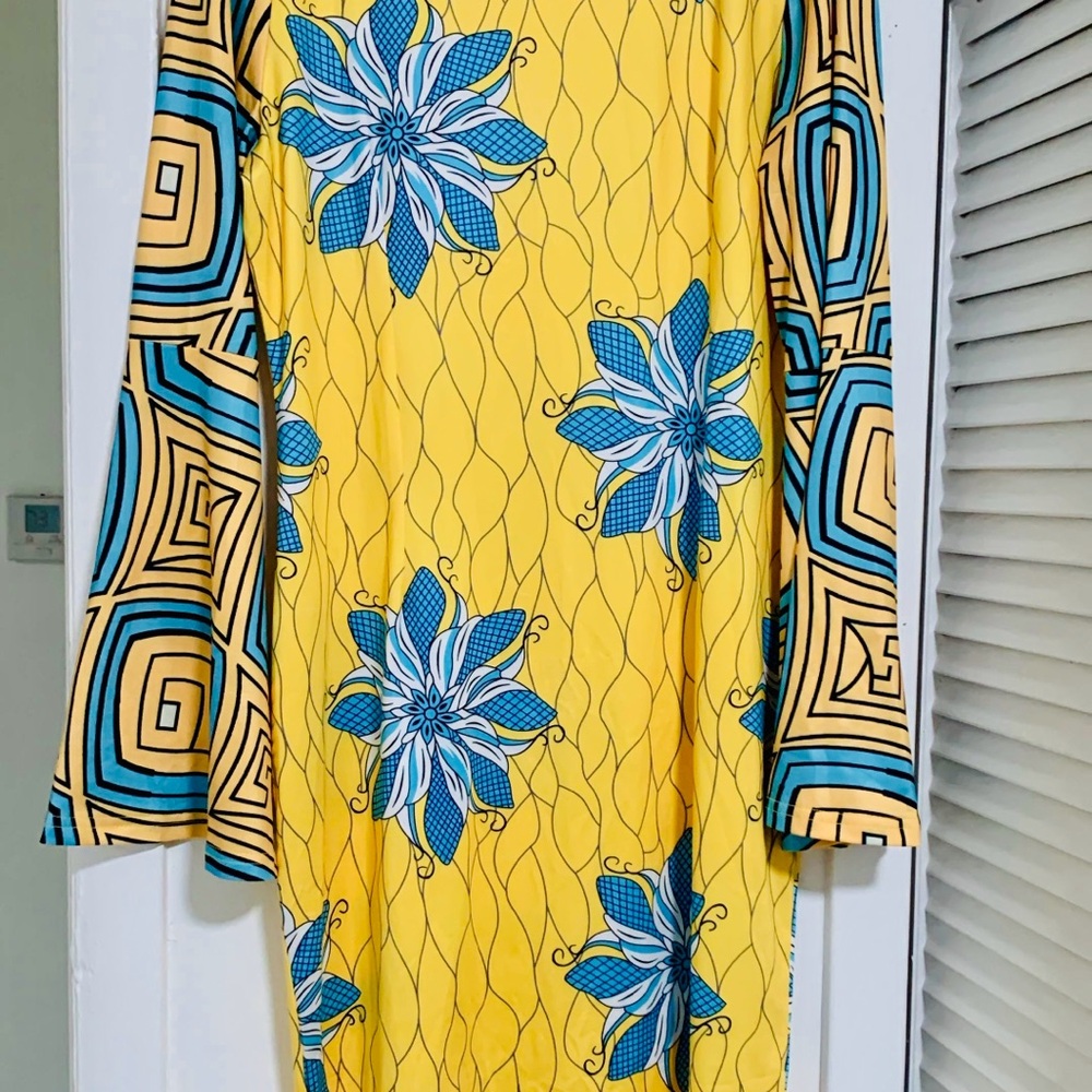 Flared Sleeves Yellow and Blue Floral Patterned Dress